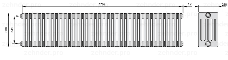 Схема (чертеж) Радиатор Zehnder Charleston 6060/37 №1270 Белый глянцевый RAL 9016